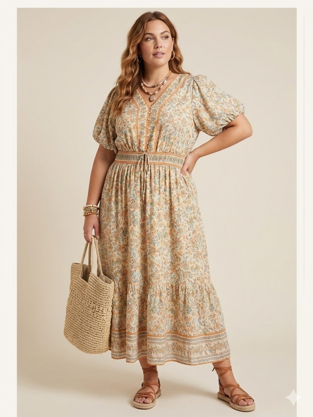 LEA Boho Muted Orange Floral Midi Dress Puff Sleeve Smocked Waist Tiered Plus 2X